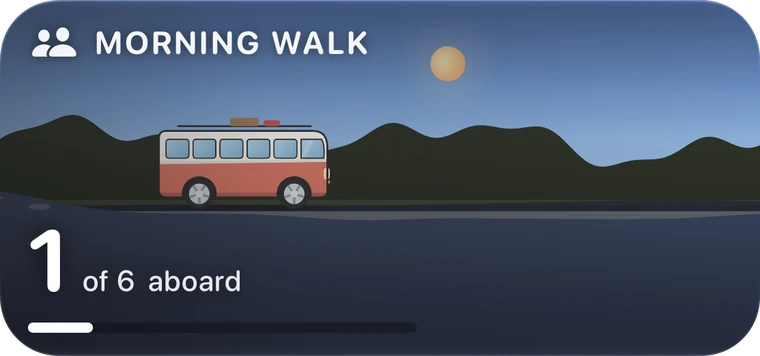 The Crew widget, medium: the Morning Walk crew’s bus, 1 of 6 aboard by day
