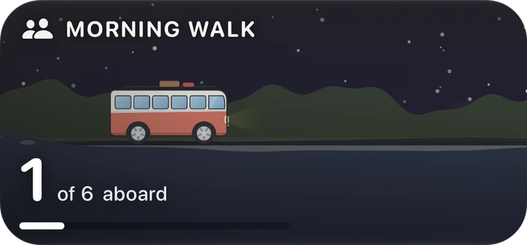 The Crew widget, medium: the Morning Walk crew’s bus, 1 of 6 aboard at night