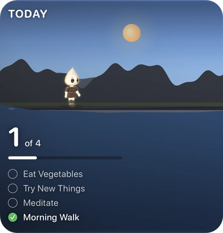 The Today widget, large: Aurel on the road, 2 of 4 done and today’s habits by day
