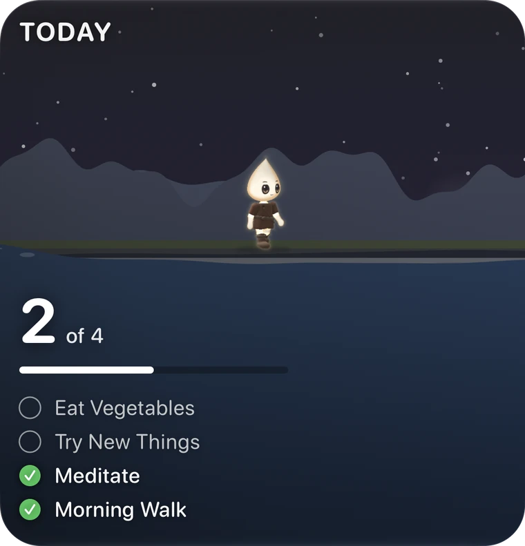 The Today widget, large: Aurel on the road, 2 of 4 done and today’s habits at night
